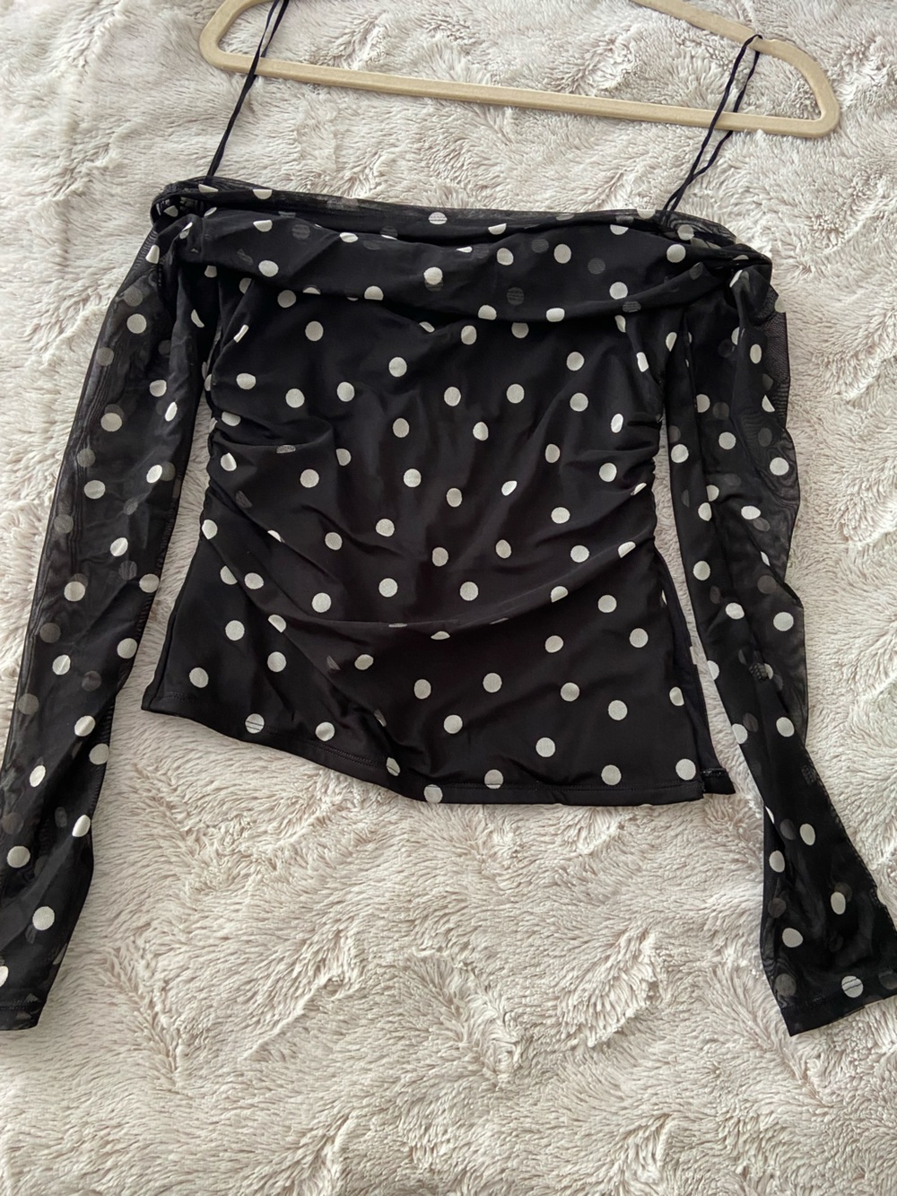 Abercrombie & Fitch Black Sheer Polka Dot Off-the-Shoulder Top with White Dots